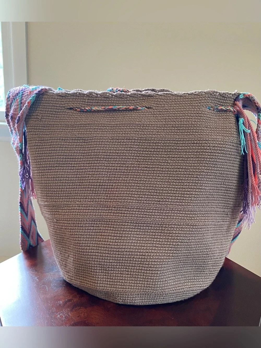 Handwoven Colombian Bag with Multicolor Chevron Strap & Tassels